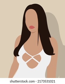 Illustration of a brunette girl in a white dress on a light brown background