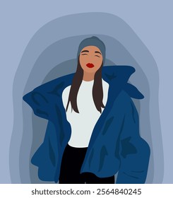 Illustration of brunette winter girl on blue background.