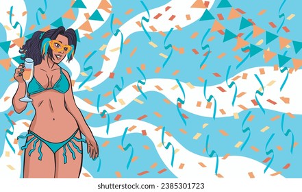 Illustration of a brunette woman in a bikini with a carnival mask holding a refreshing drink. Background with confetti party flags and swirl explosion. vector drawing.