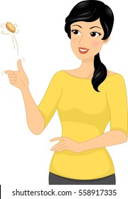 Illustration of a Brunette Woman Flipping a Coin to Help Her in Making a Decision svg
