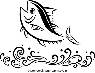 Illustration of brush drawn style jumping tuna and Japanese style waves