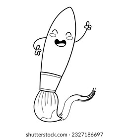 Illustration of a brush in Kawaii style, smiling with a raised hand and drawing a brush stroke, coloring paget, clipart