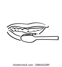 Illustration of brushing teeth, smile and toothbrush, minimalist black sketch on white background