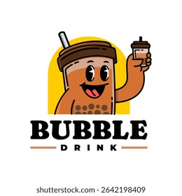 An illustration of a bubble drink cup in a vintage mascot cartoon style. A cartoon logo suitable for a bubble drink brand.