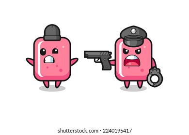 ilustración del ladrón de chicle con las manos arriba pillada por la policía, diseño de estilo lindo para camiseta, pegatina, elemento logo