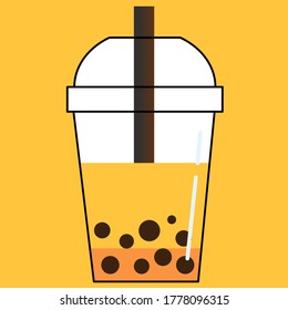 an illustration of bubble milk tea in a plastic glass with lid and straw isolated on yellow background