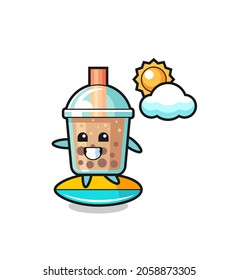 Illustration of bubble tea cartoon do surfing on the beach , cute style design for t shirt, sticker, logo element