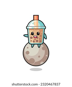 illustration of bubble tea cartoon sitting on the moon , cute style design for t shirt, sticker, logo element