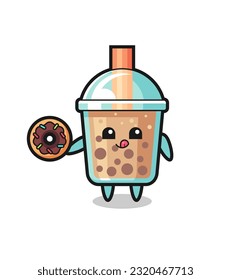 illustration of an bubble tea character eating a doughnut , cute style design for t shirt, sticker, logo element