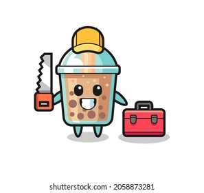 Illustration of bubble tea character as a woodworker , cute style design for t shirt, sticker, logo element