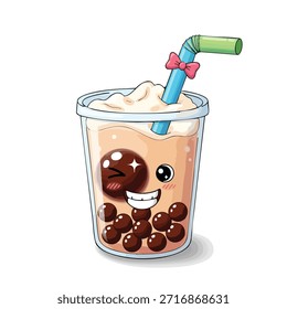 Illustration von Blasen-Tee mit einem glücklichen Gesicht und Stroh