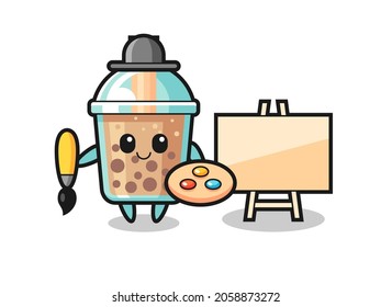 Illustration of bubble tea mascot as a painter , cute style design for t shirt, sticker, logo element