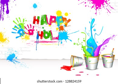 illustration of bucket full of color in Holi background