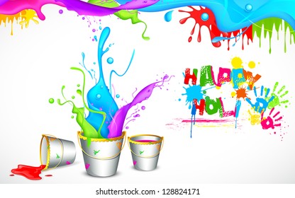 illustration of bucket full of color in Holi background