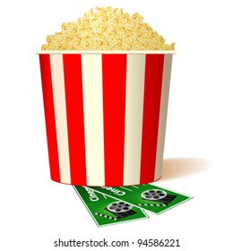 illustration of bucket full of popcorn with two tickets