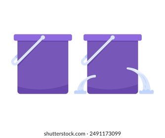 illustration of a bucket in good condition with a leaking bucket. water came out of the bucket because of a hole. symbol or icon. condition of goods or objects. flat style design. graphic elements