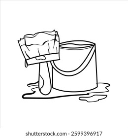 illustration of a bucket of paint and a brush, transparent, black and white, cartoon, good for your visual elements, vector format