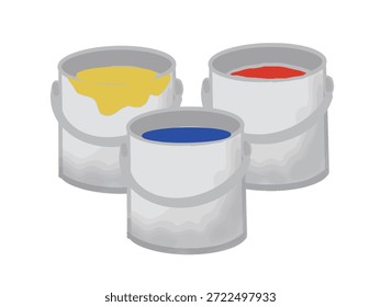 Ilustración de cubos llenos de pintura roja, amarilla y azul