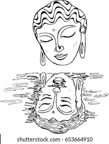 An illustration of a buddha and his reflection. Black and white drawing