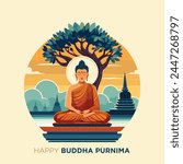Illustration of Buddha meditating under a bodhi tree. Mountain temple background. Buddhist holiday, asadha purnima, buddha purnima.