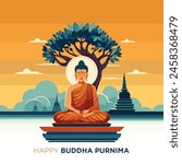 Illustration of Buddha meditating under a bodhi tree. Mountain temple background. Buddhist holiday, asadha purnima, buddha purnima