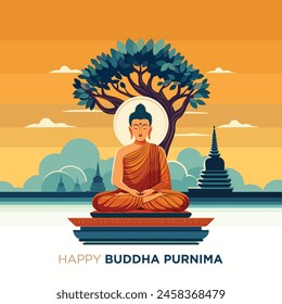 Illustration of Buddha meditating under a bodhi tree. Mountain temple background. Buddhist holiday, asadha purnima, buddha purnima