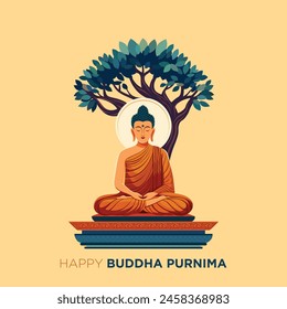 Illustration of Buddha meditating under a bodhi tree. Mountain temple background. Buddhist holiday, buddha purnima