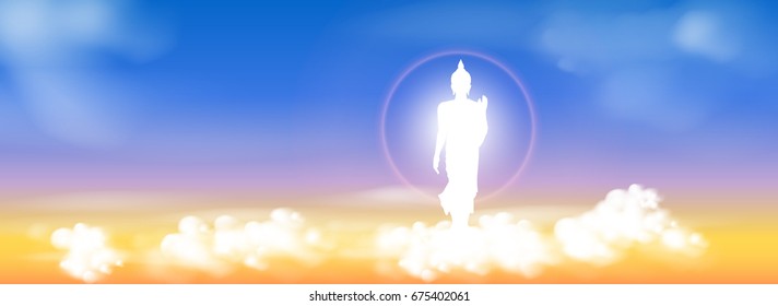 illustration of buddha on cloud over evening sky