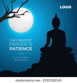 Illustration eines Buddha auf einem Felsen sitzend, Happy Vesak Day, Buddha Purnima kreatives Konzept, Buddhismus, Buddha Jayanti Social Media Plakate, Banner, Grußkartendesign Vorlage