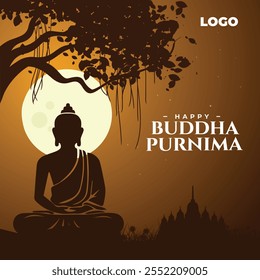 Illustration eines Buddha sitzt auf einem Felsen in Meditation unter Bodhi Baum, Happy Vesak Day, Buddha Purnima kreatives Konzept, Buddha Jayanti Social Media Poster, Grußkarte Design Vorlage