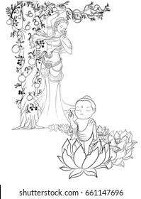 Illustration of Buddha's mother standing under the cannon Ball Tree with Lord Buddha Born and standing on seven Lotus