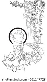 Illustration of Buddha's mother standing under the cannon Ball Tree with Lord Buddha Born and standing on seven Lotus