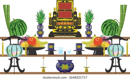 Illustration of a Buddhist altar seen during the Obon festival in Okinawa Prefecture