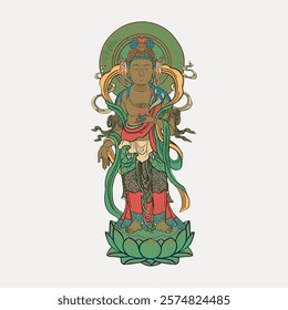 Illustration of a Buddhist deity with intricate robes, standing on a lotus. The deity features traditional Asian art style, vibrant colors, and serene expression.