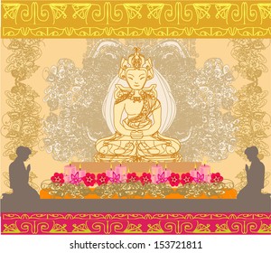 illustration of a Buddhist man praying in a temple 