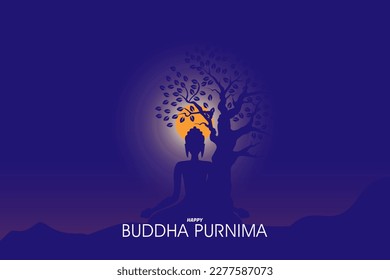 ilustración de la meditación budista en una noche de tres árboles, visión clara de la luna arriba, para el festival budista, Feliz Buda Purnima Vesak, afiche, pancarta, fondo, impresión de desi