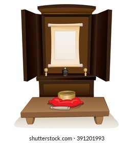 Illustration of a Buddhist shrine for offerings and prayers, philosophy religion. Ideal for institutional and religious materials