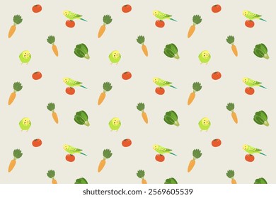 Illustration of budgie and vegetable pattern background. A colorful and stylish pattern that combines cute parakeets and bright vegetables.