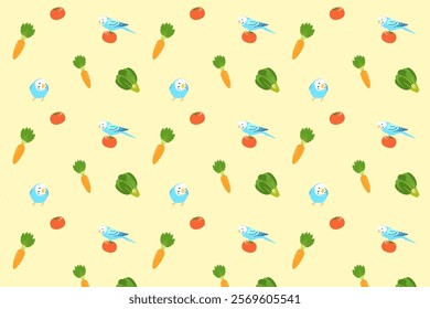 Illustration of budgie and vegetable pattern background. A colorful and stylish pattern that combines cute parakeets and bright vegetables.
