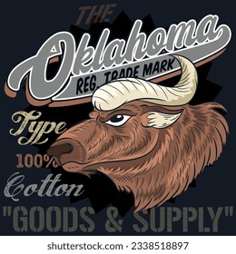Illustration of Buffalo Africa with text Oklahoma good and supply 100 % Cotton. 