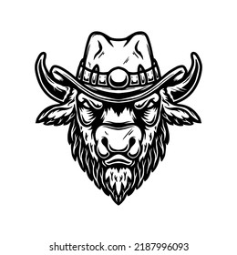 Illustration of buffalo in cowboy hat. Design element for poster, t shirt, sign. Vector illustration