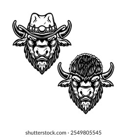 Illustration of buffalo in cowboy hat. Design element for poster, t shirt, sign. Vector illustration