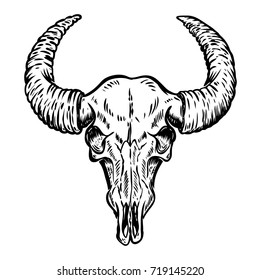 Illustration of buffalo skull isolated on white background. Design element for poster, emblem, sign, t-shirt. Vector illustration