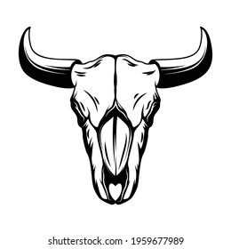 Illustration of buffalo skull in monochrome style. Wild west theme. Design element for logo, label, sign, emblem, poster. Vector illustration