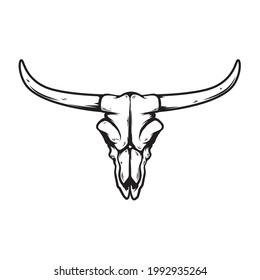 Illustration of buffalo skull in monochrome style. Design element for logo, label, sign, emblem. Vector illustration