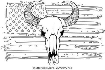 Illustration of buffalo skull in monochrome style. Design element for logo, label, sign, emblem. Vector illustration