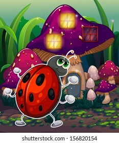 Illustration of a bug in front of the lighted mushroom house