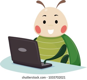 Illustration of a Bug Mascot Using a Laptop