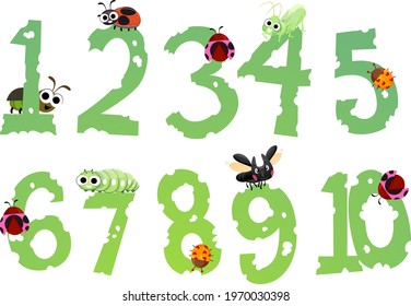 Illustration of Bugs From Lady Bug, Grasshopper, Beetle on Leaves Shaped as Numbers from One to Ten