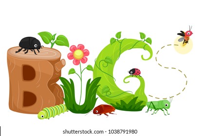 Illustration of Bugs Lettering with Bugs Like Beetle, Caterpillar, Grasshopper, Cockroach and Firefly